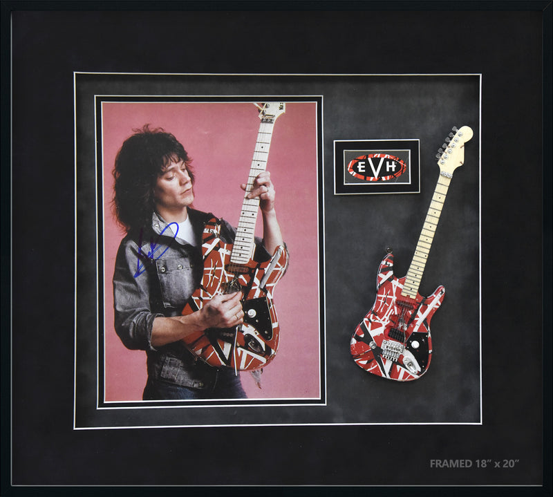 EDDIE VAN HALEN autographed photo and mini-guitar 18x20 display