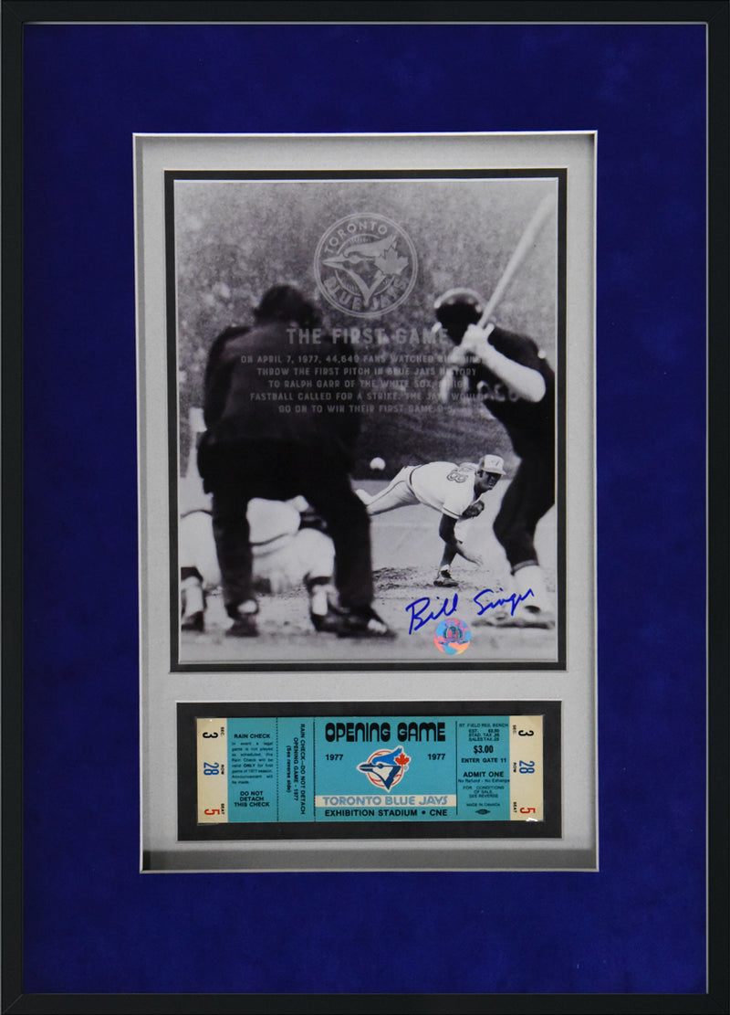 TORONTO BLUE JAYS "1977 Opening Day" 14x20 display featuring TICKET and BILL SINGER autograph