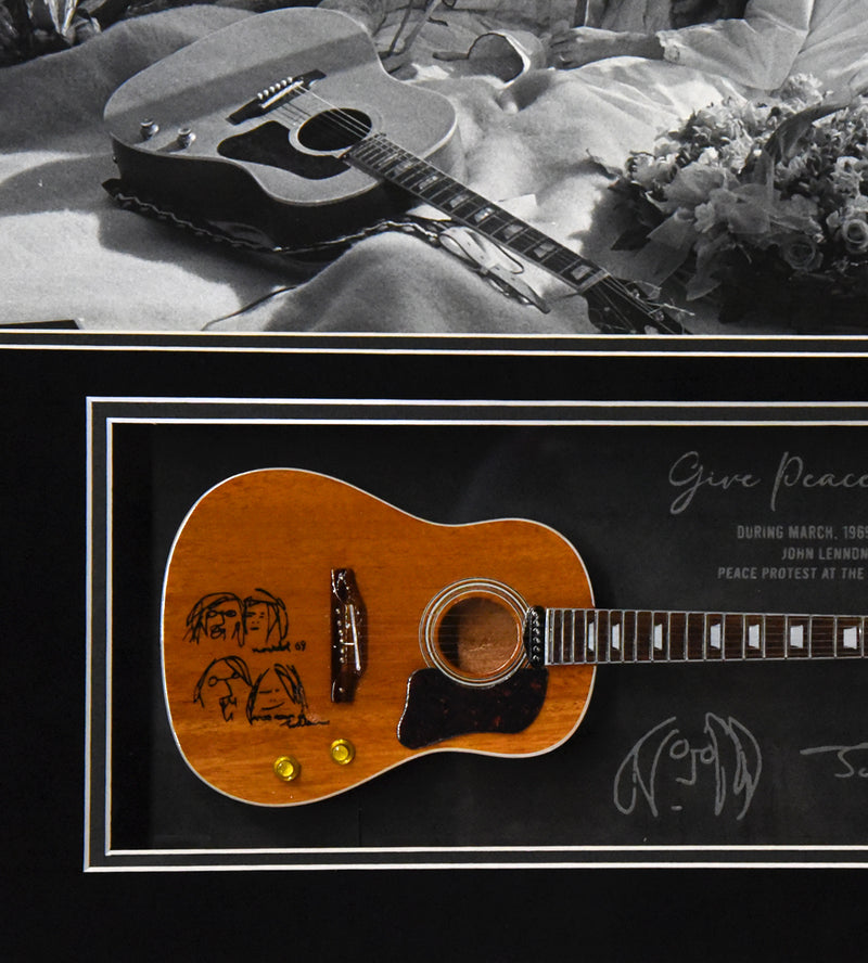 JOHN LENNON "Give Peace A Chance" mini guitar 20x18 glass-etched signature display