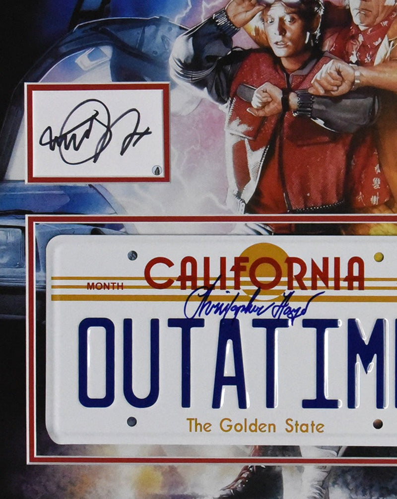 BACK TO THE FUTURE 16x21 "OUTATIME" License Plate display autographed by CHRISTOPHER LLOYD and MICHAEL J. FOX