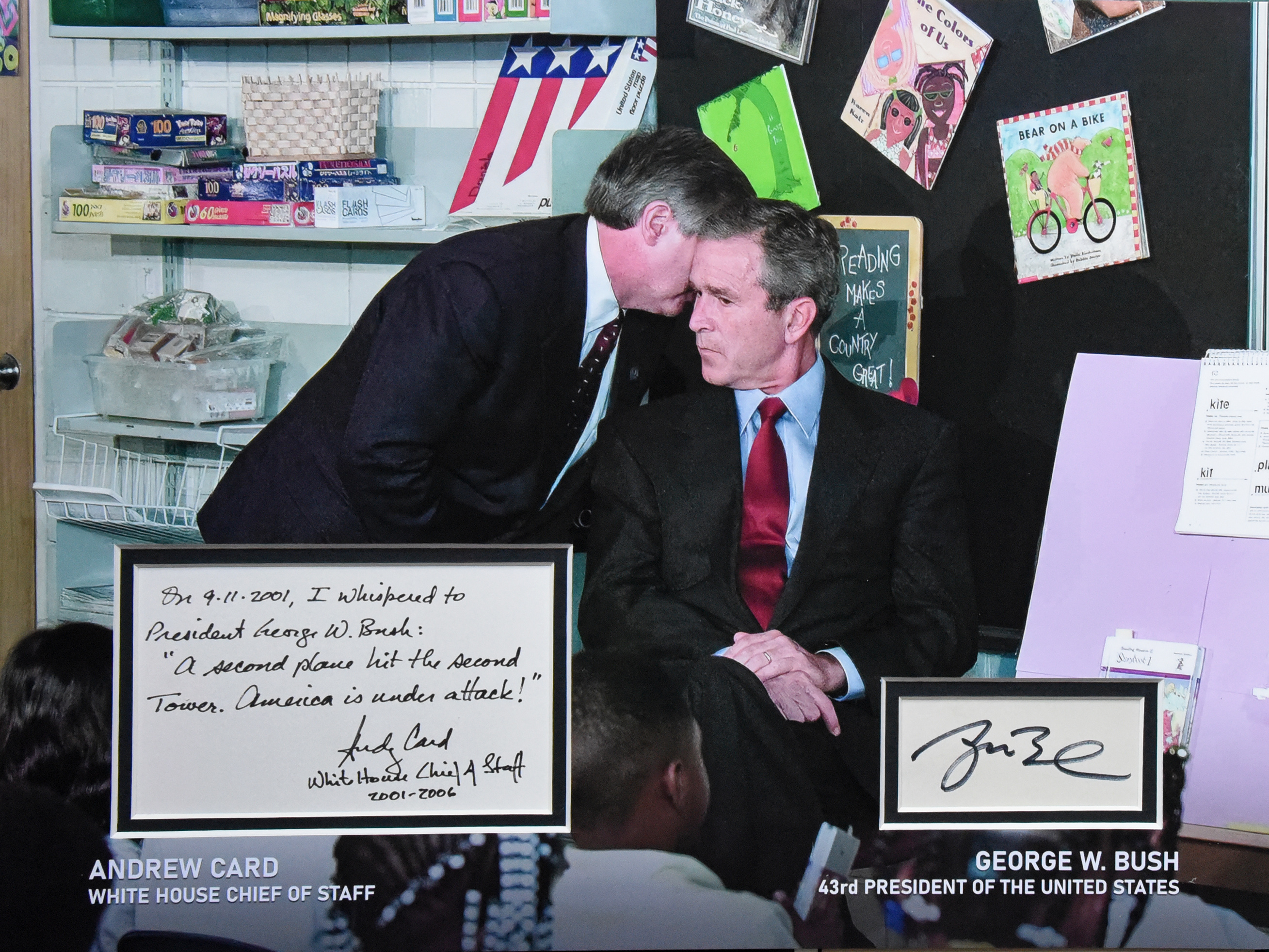 “In A Florida Classroom on 9/11” custom 12×16 mat for PRESIDENT BUSH & ANDREW CARD cut autographs