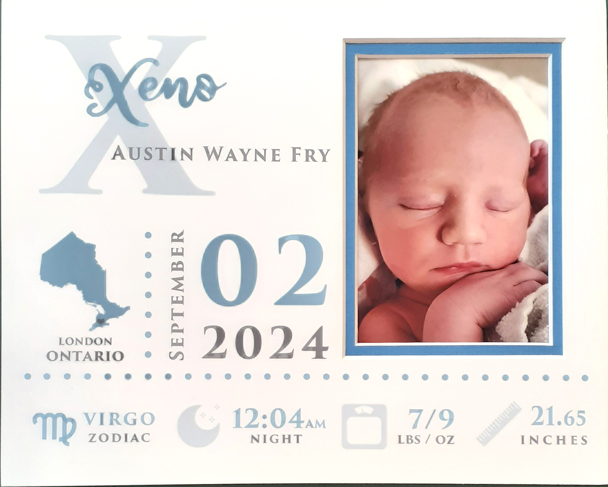 XENO! BIRTH ANNOUNCEMENT custom 8×10 blue mat framed