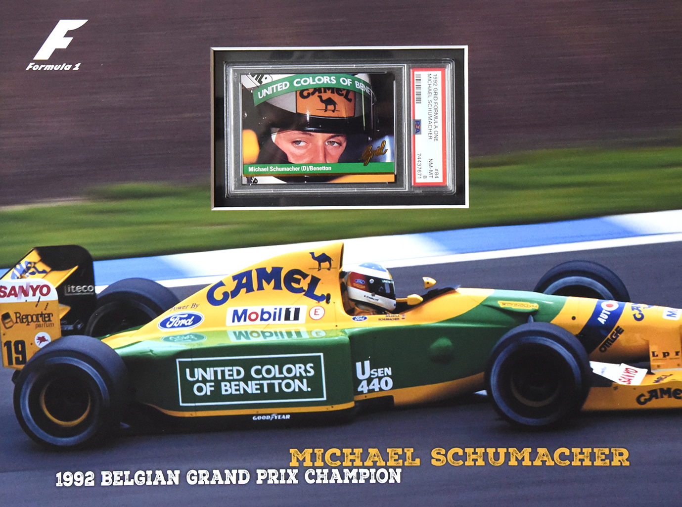 MICHAEL SHUMACHER custom 12×16 “Benetton First Win” mat for slabbed card