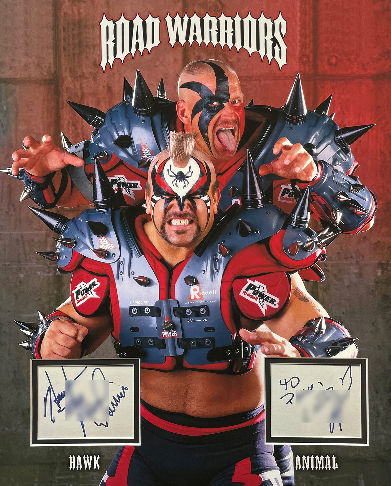 ROAD WARRIORS custom 16×20 WWF mat for ANIMAL & HAWK cut autographs