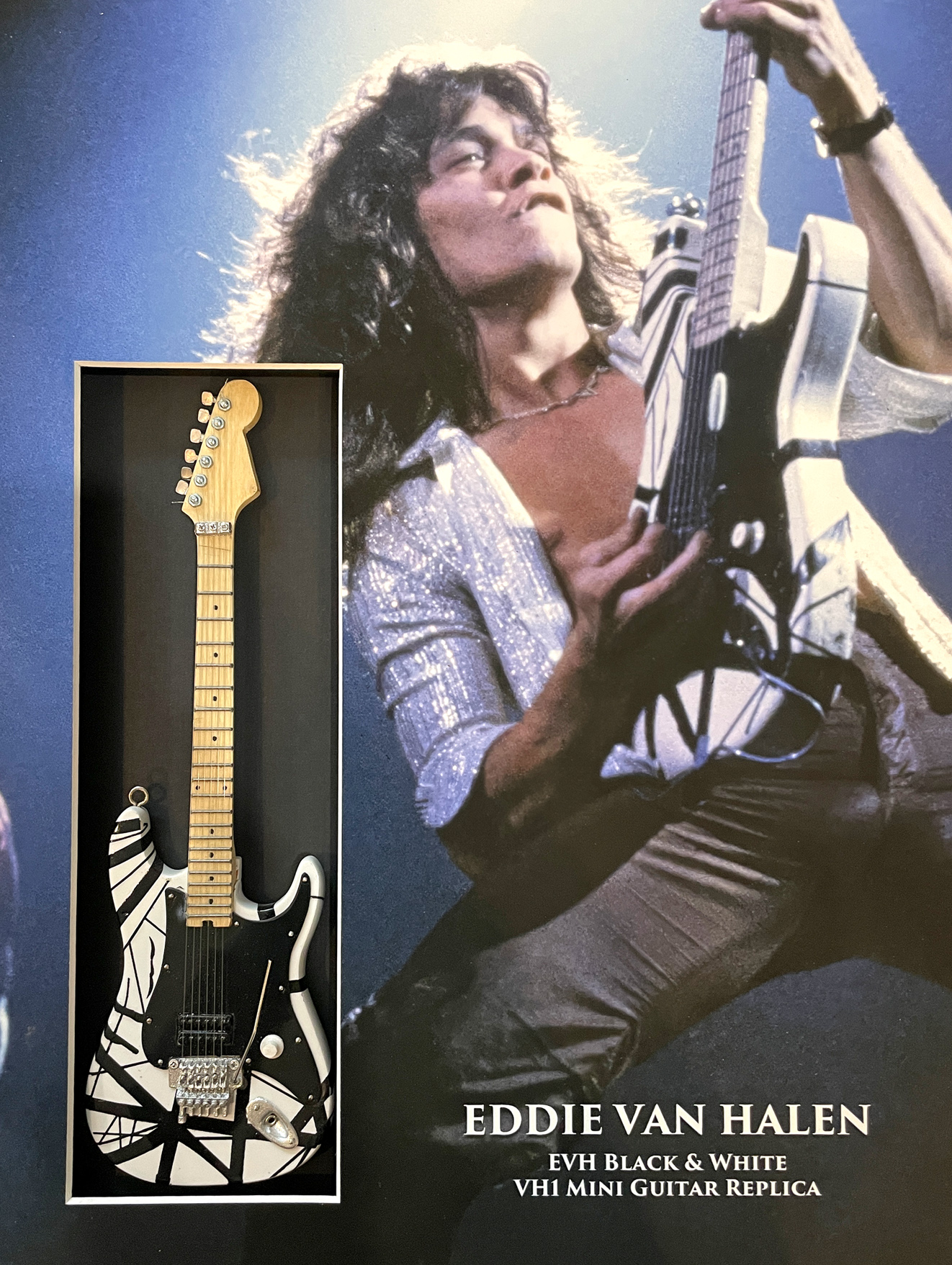 EDDIE VAN HALEN custom 12×16 shadowbox mat for VH1 black & white mini guitar replica