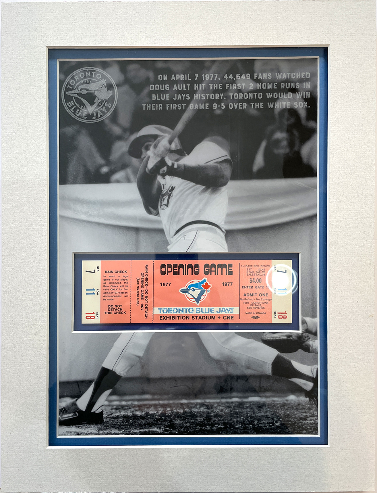 FIRST GAME custom 12×16 mat for TORONTO BLUE JAYS ticket with glass etched titles