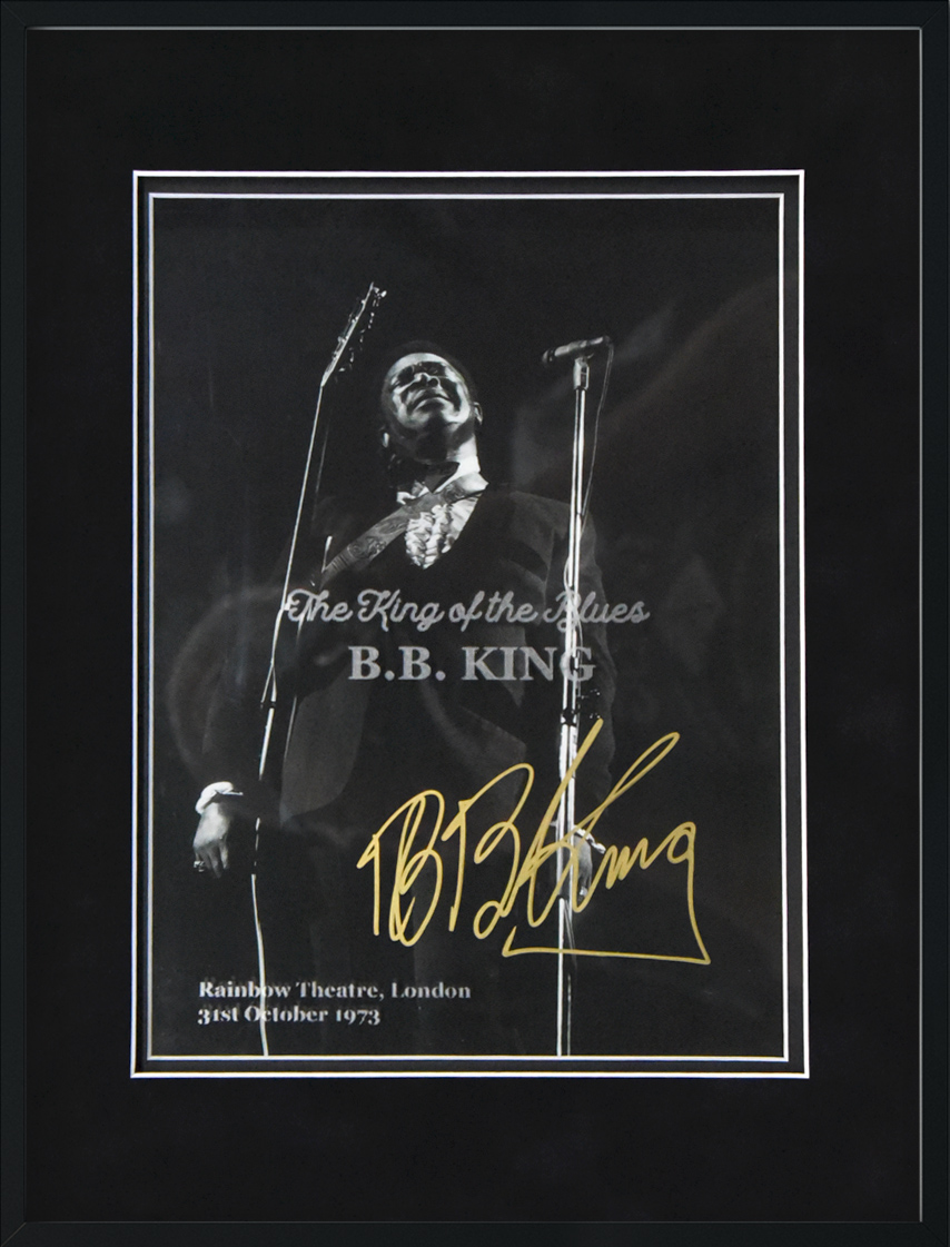 [SHOP] B.B. KING autographed “Rainbow Theatre ’73” 12×16 glass etched framed display