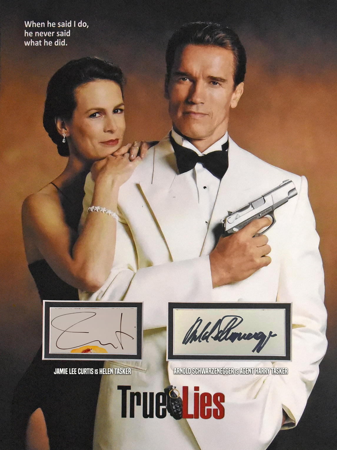 TRUE LIES custom 12×16 mat for JAMIE LEE CURTIS and ARNOLD SCHWARZENEGGER book page autographs