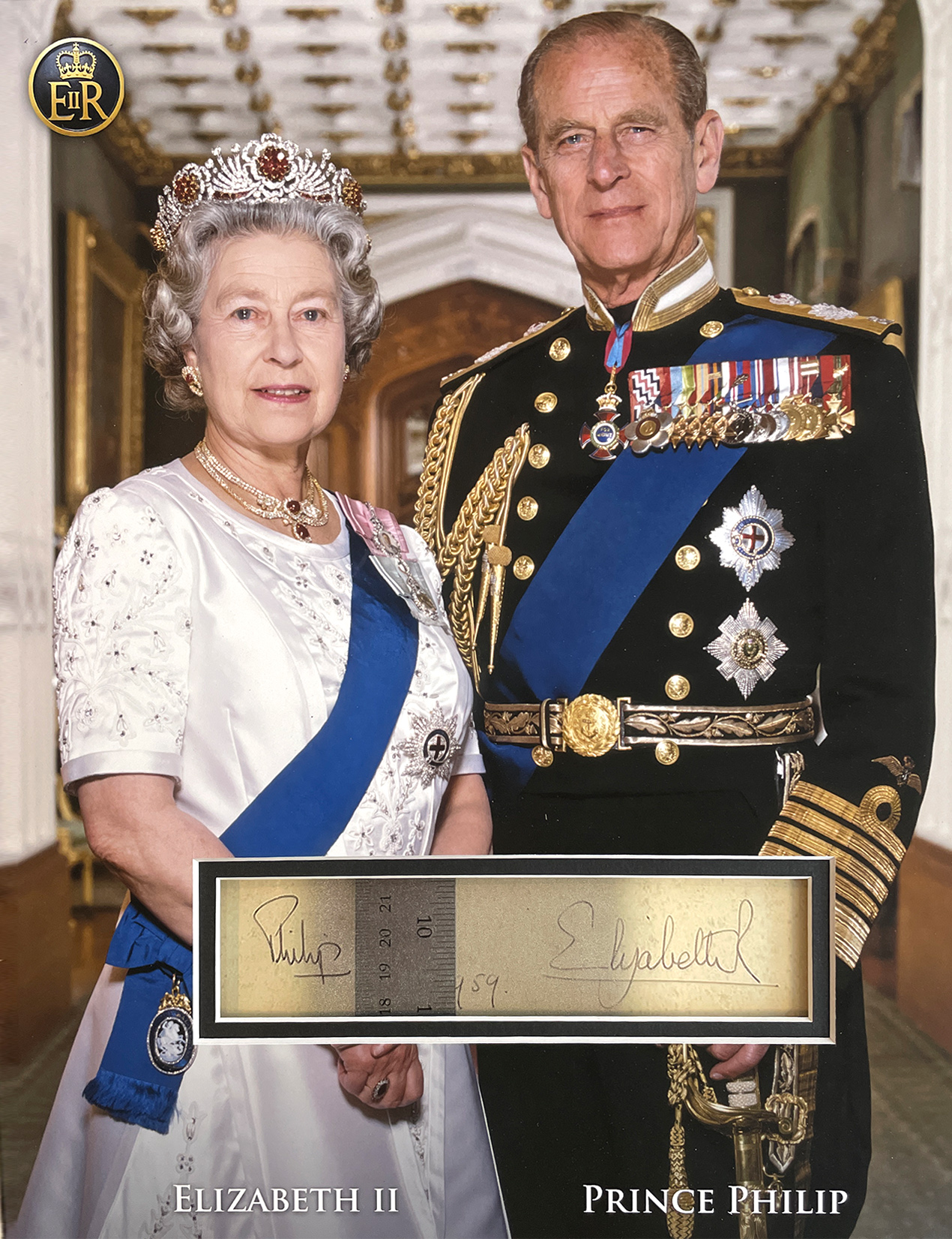 QUEEN ELIZABETH II and PRINCE PHILIP custom 11×14 shadowbox mat for encapsulated cut