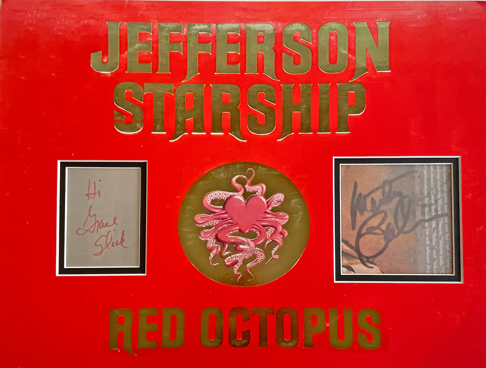 JEFFERSON STARSHIP custom 12×16 “Red Octopus Vinyl” mat for GRACE SLICK and MARTY BALIN cut autographs