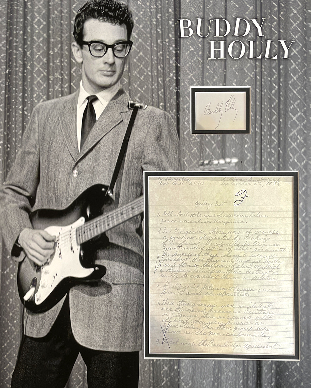 BUDDY HOLLY custom 16×20 mat for autograph and inscribed SCHOOL HOMEWORK paper sheet