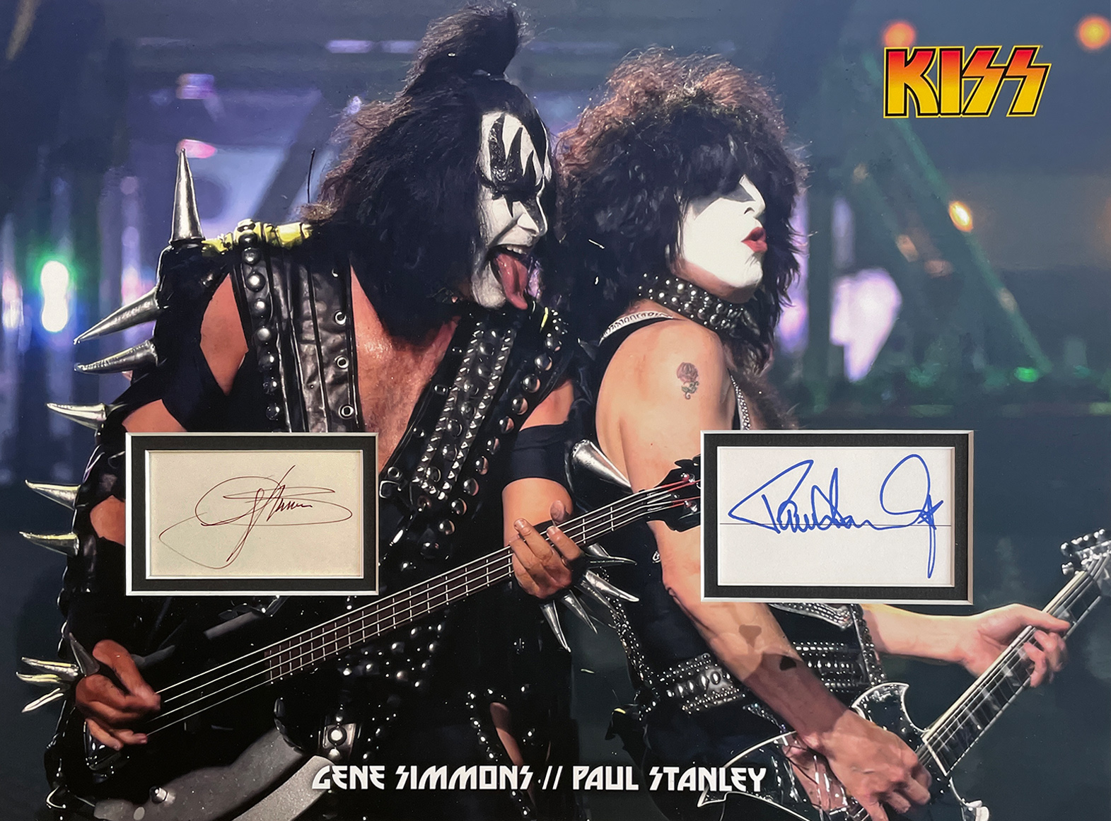 KISS custom 12×16 mat with autographed “Destroyer” CD art card signed by PAUL STANLEY and GENE SIMMONS