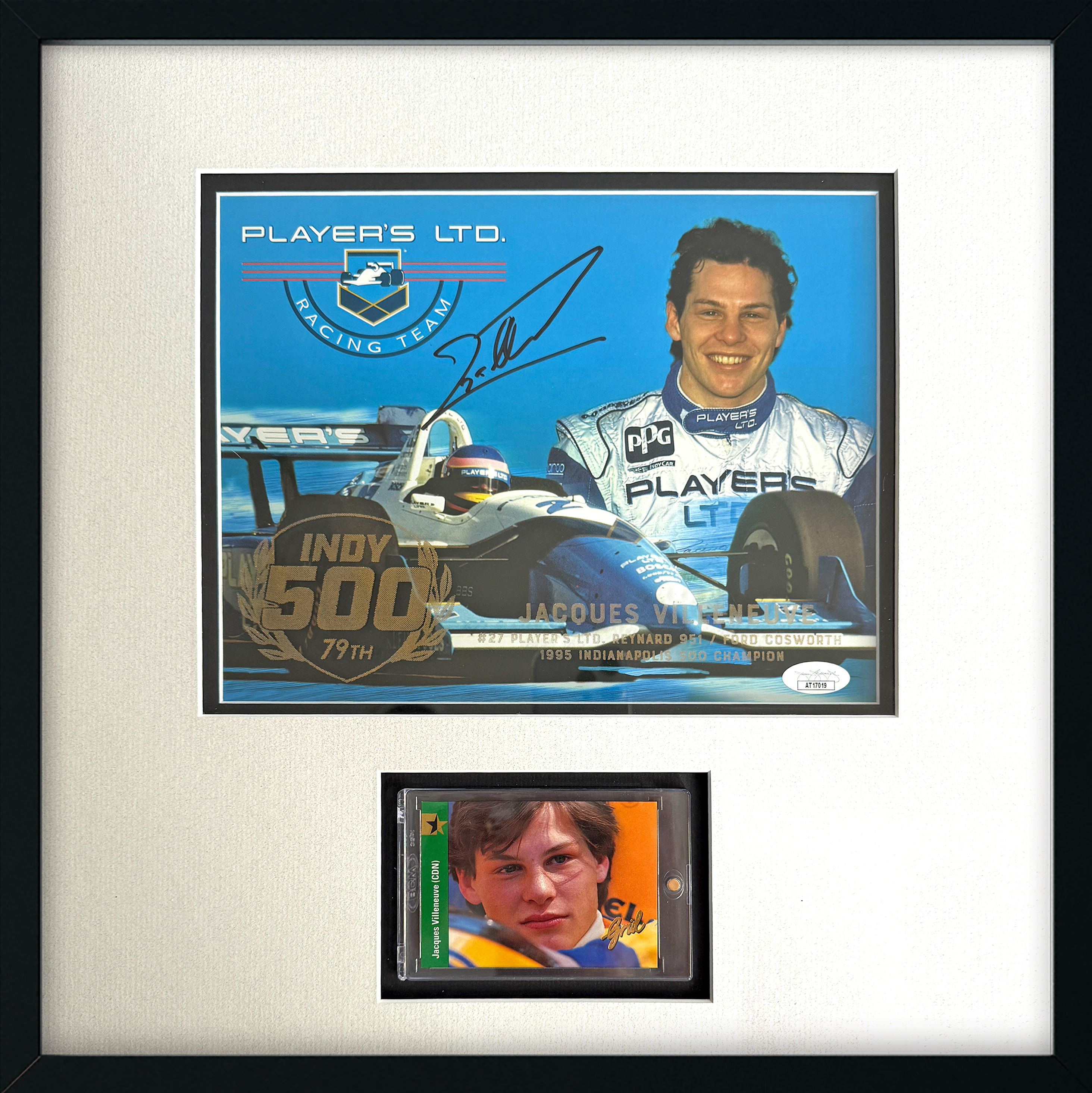 JACQUES VILLENEUVE autographed 16×16 inch INDY 500 glass-etched frame display