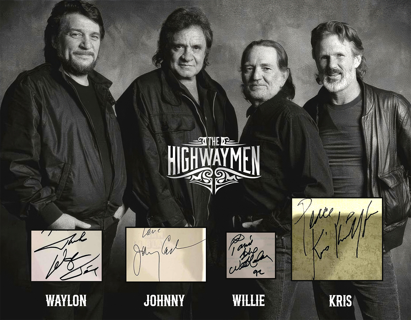 THE HIGHWAYMEN custom 16×20 mat designs for 4 CUT autographs WAYLON, WILLIE, KRIS, AND JOHNNY