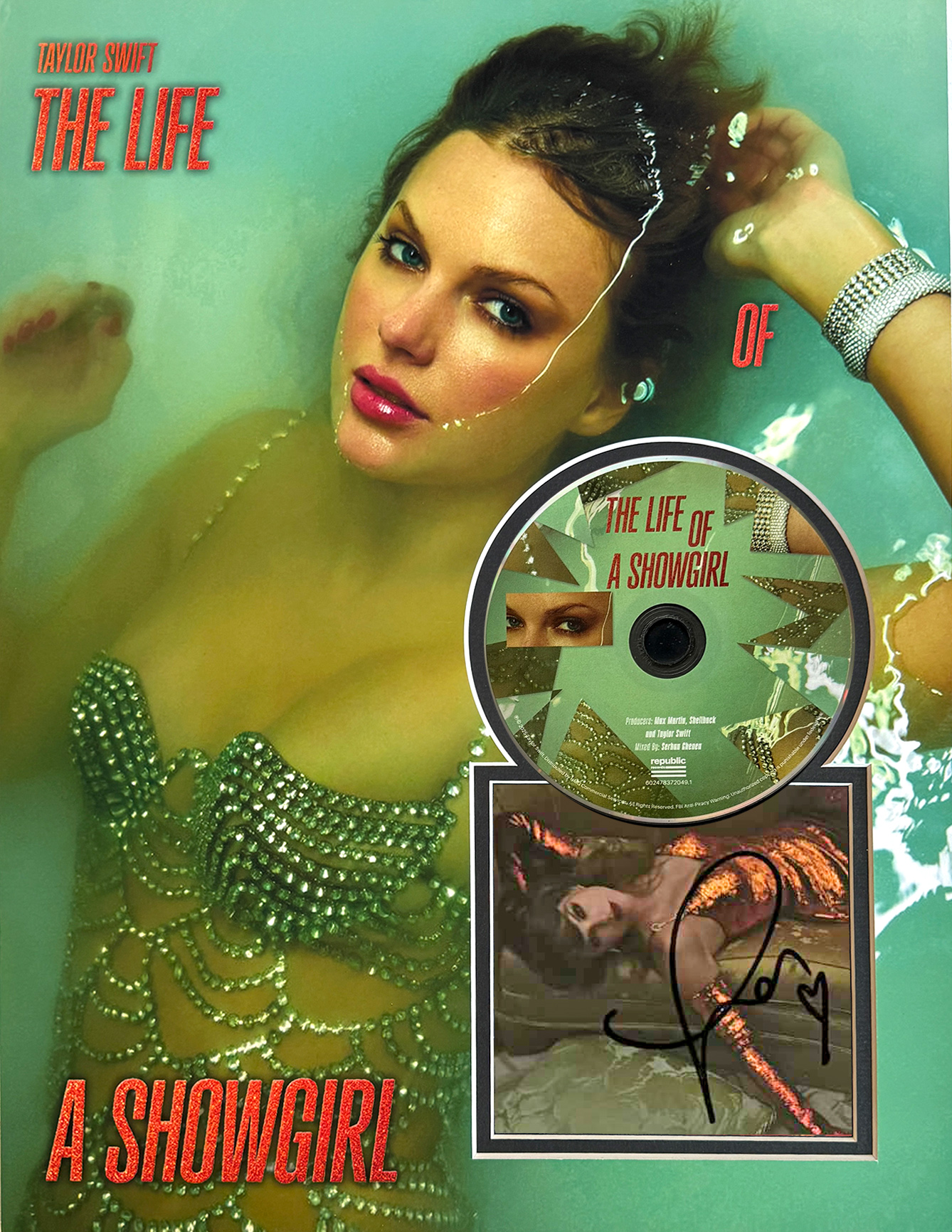 TAYLOR SWIFT custom 12X16 “The Life Of A SHOWGIRL” mats for signed CD insert