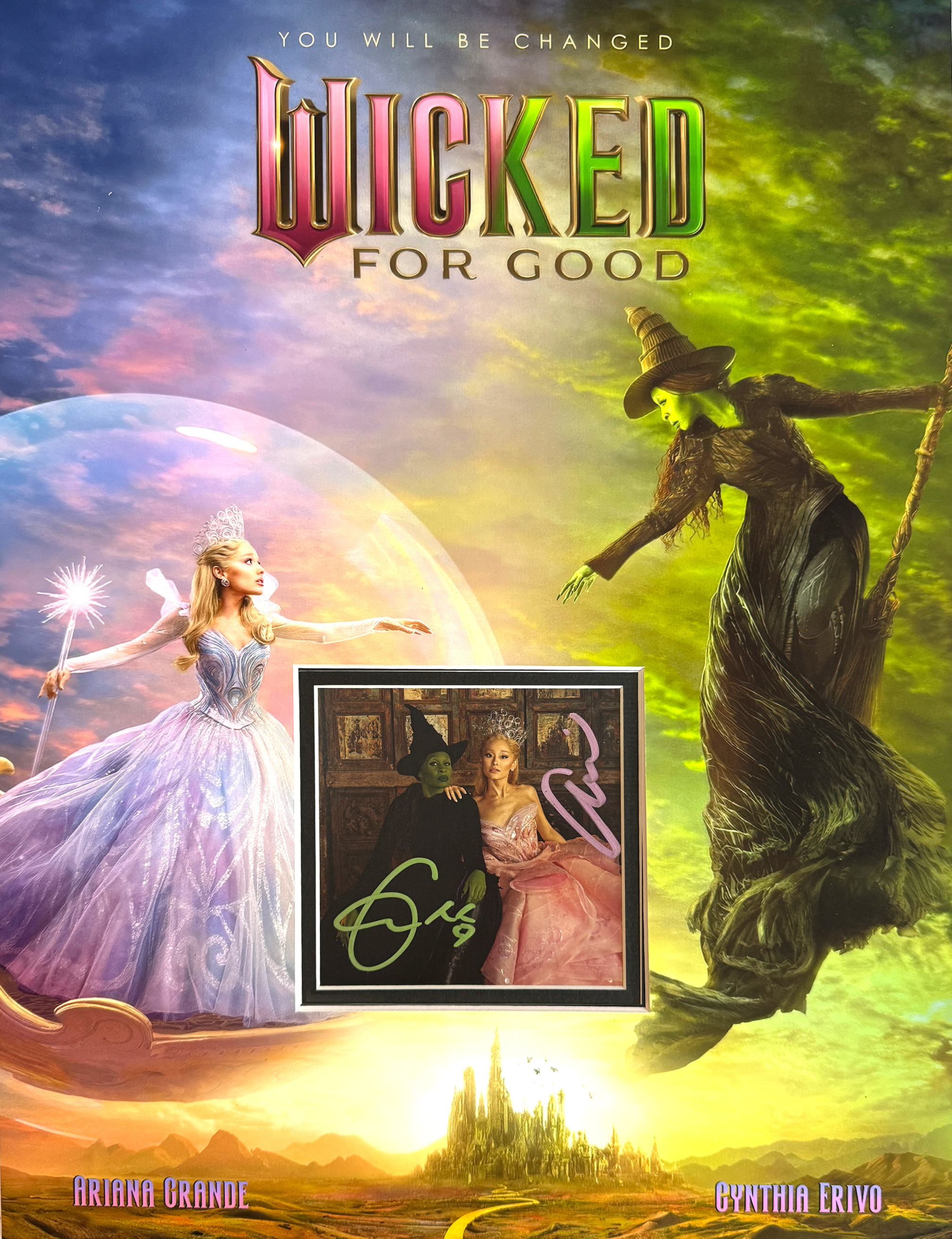 WICKED autographed by ARIANA GRANDE & CYNTHIA ERIVO 12×16 framed display with signed cd insert