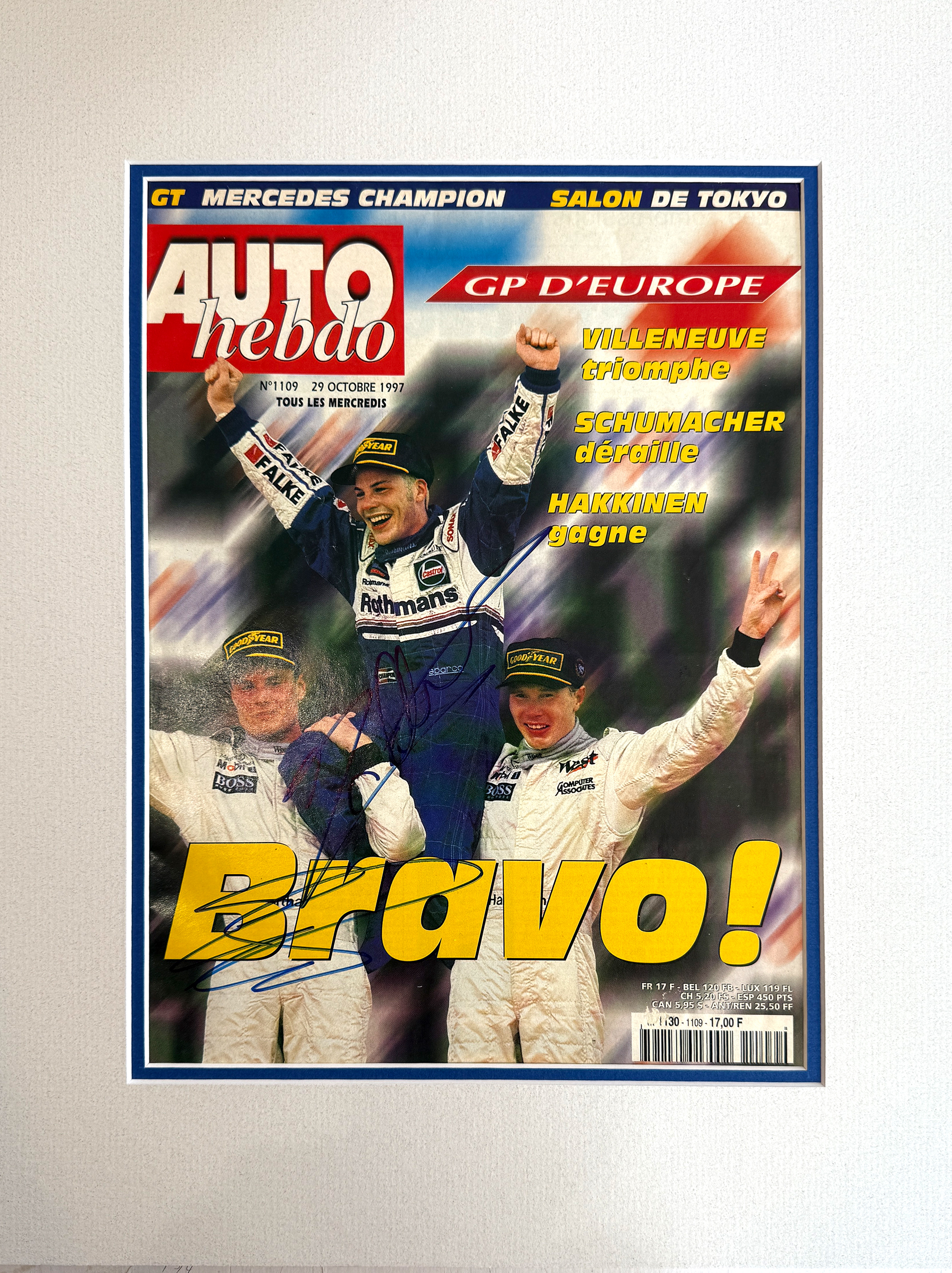 JACQUES VILLENEUVE custom 12×16 mat book for signed AUTOhebdo vintage magazine