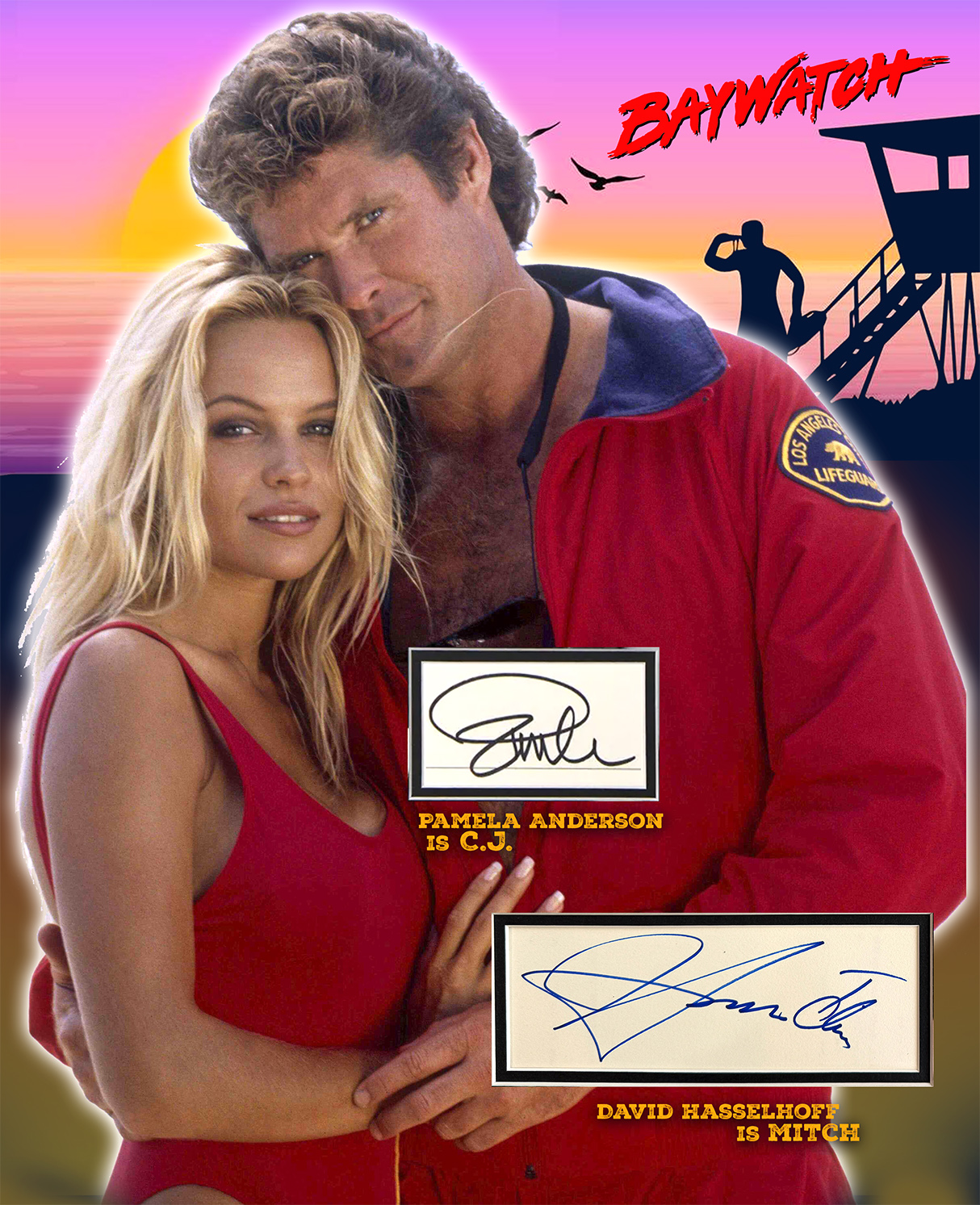 BAYWATCH custom 16×20 mat for David Hasselhoff and Pamela CJ Anderson cut autographs
