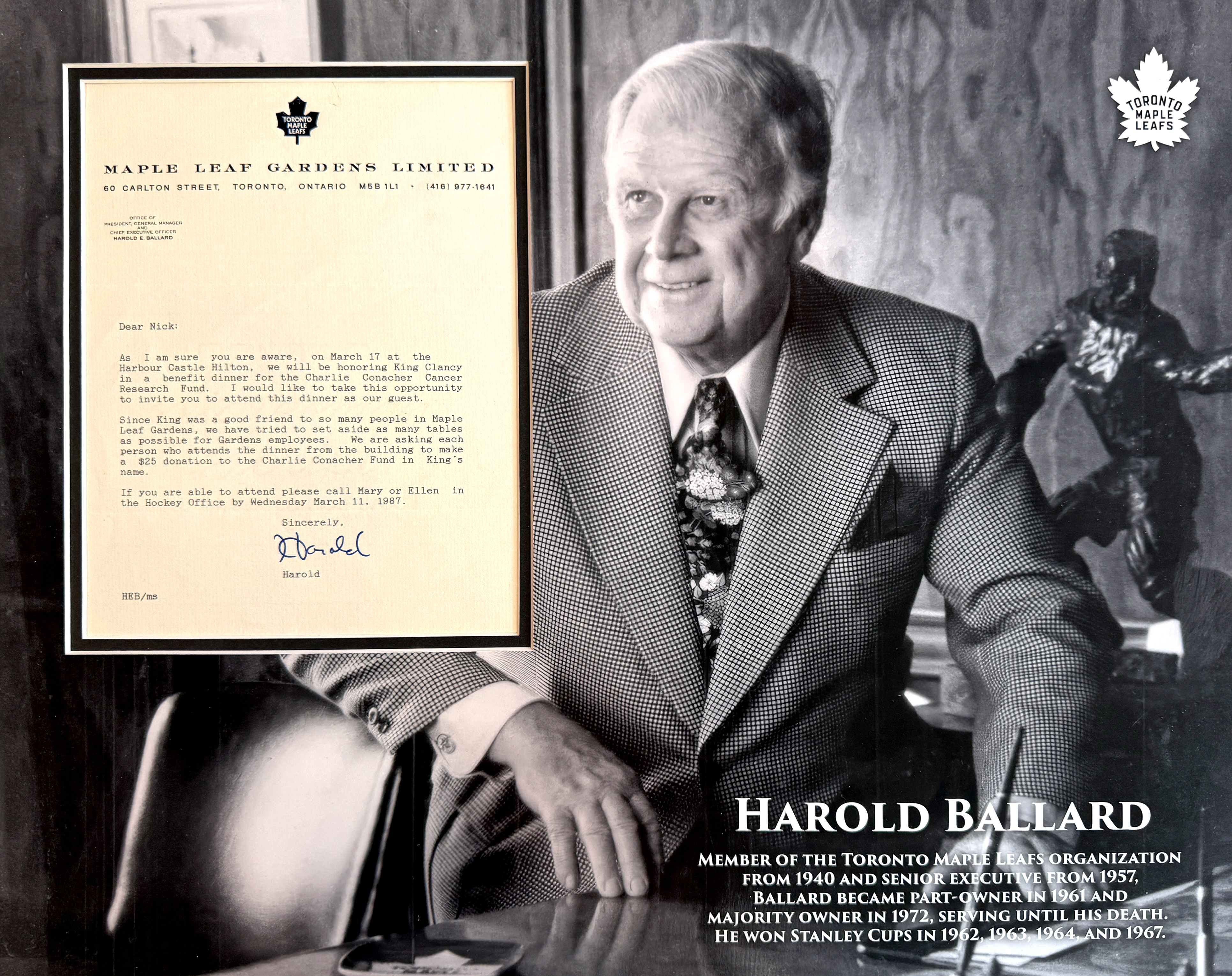 matTV: HAROLD BALLARD Custom 16×20 inch Mat for signed Maple Leafs vintage Corporate Letter