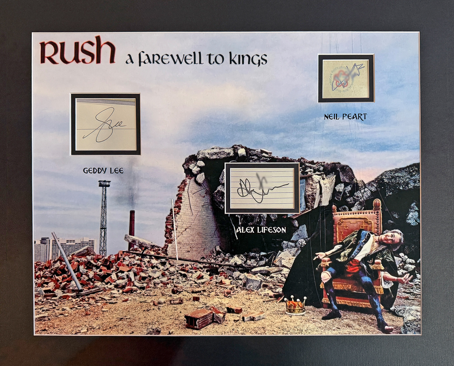 RUSH Custom 16×20 inch ‘A Farewell To Kings’ Mat for ALEX, GEDDY, and NEIL cut autographs