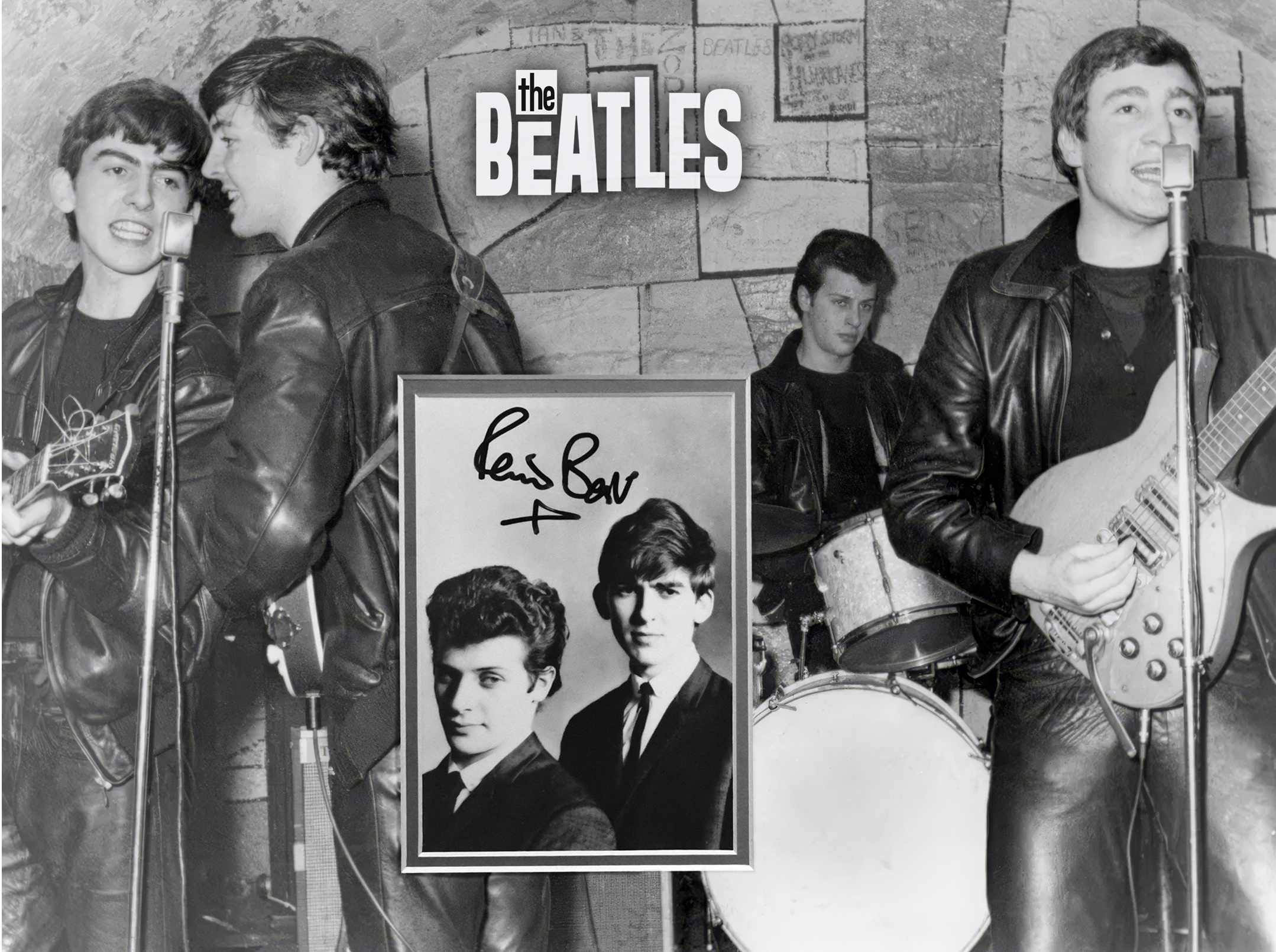 THE BEATLES custom 12×16 “Cavern Club Logo” mat with signed PETE BEST postcard