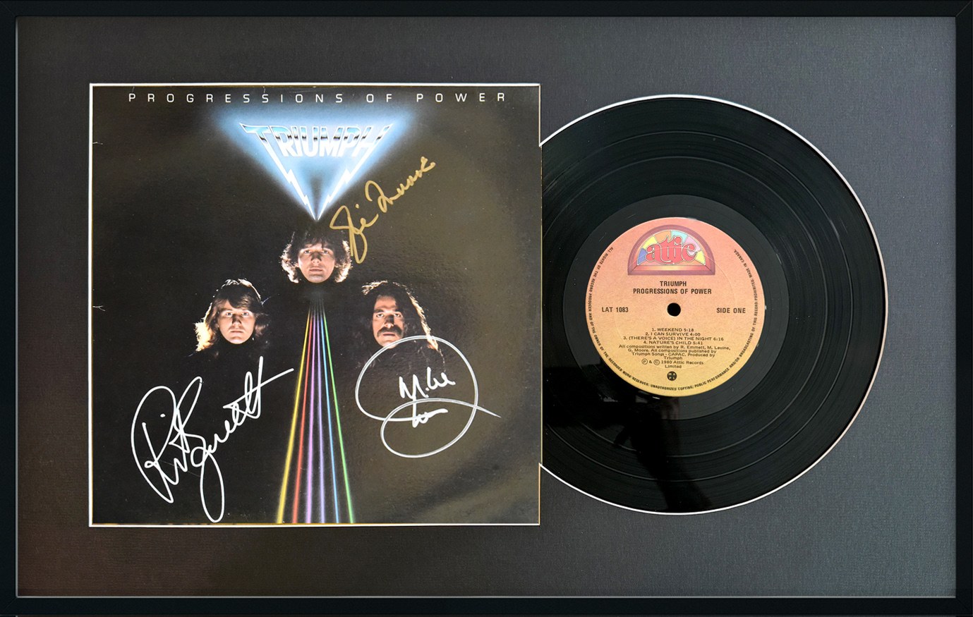 TRIUMPH ‘Progressions of Power’ Custom Album Cover with Vinyl Mat Signed by RIK EMMETT, GIL MOORE, MIKE LEVINE