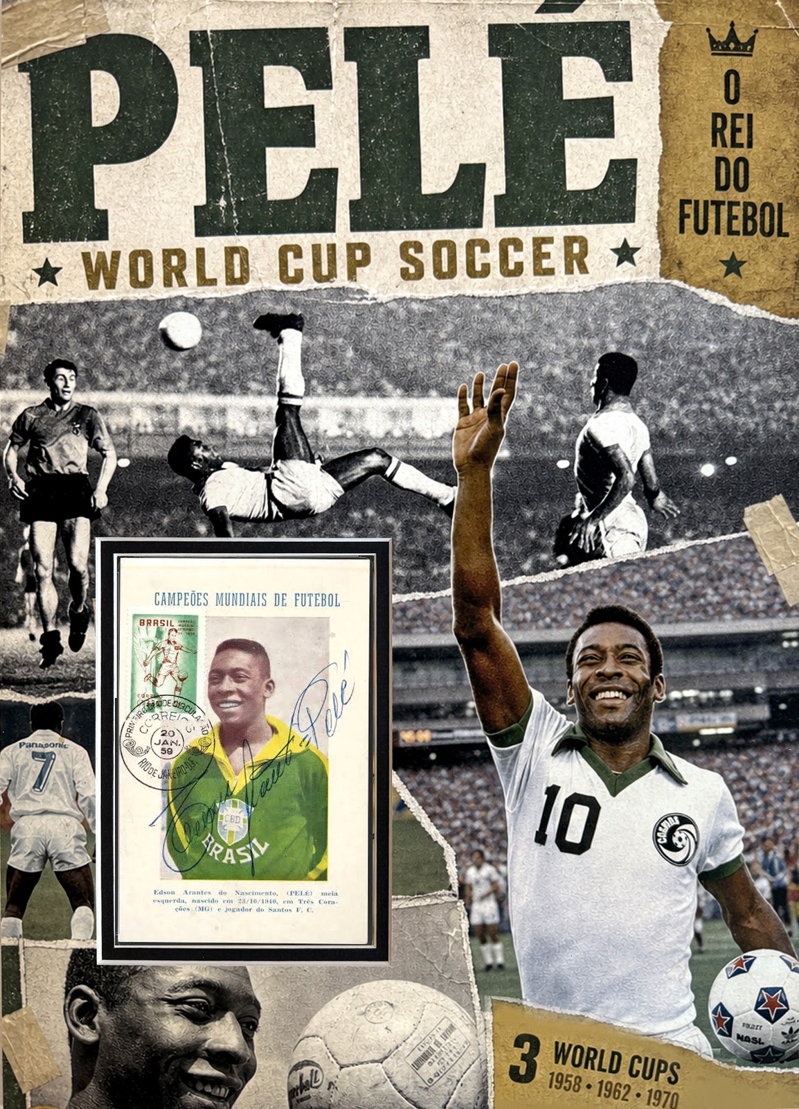 PELÉ Custom 12×16 inch SCRAPBOOK STYLE Mat for Signed World Cup Stamped Postcard